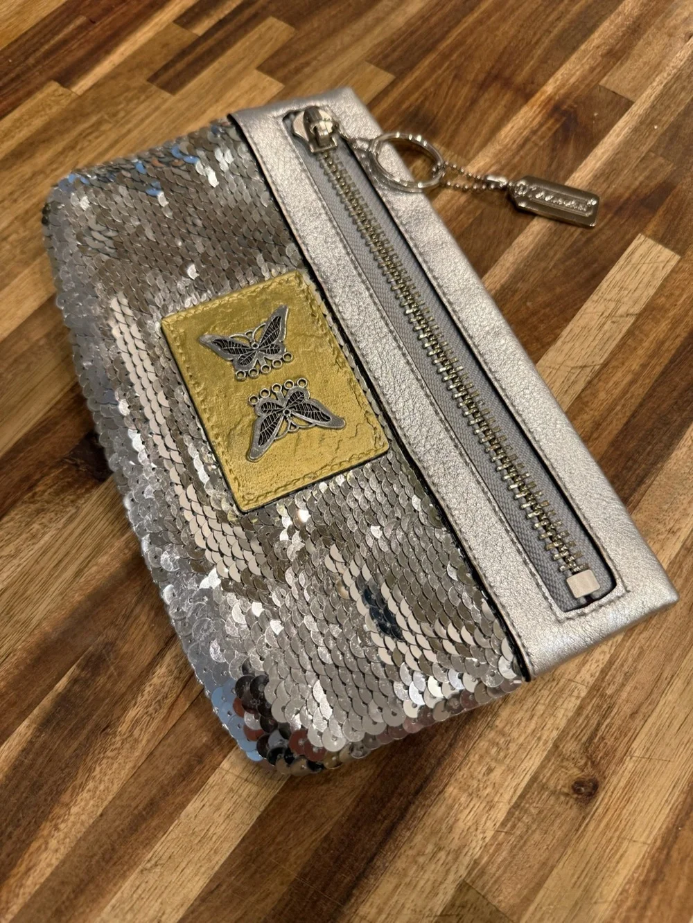 Coach Poppy Silver Sequin XL Spotlight Wristlet – Upcycled Art Piece 🦋✨